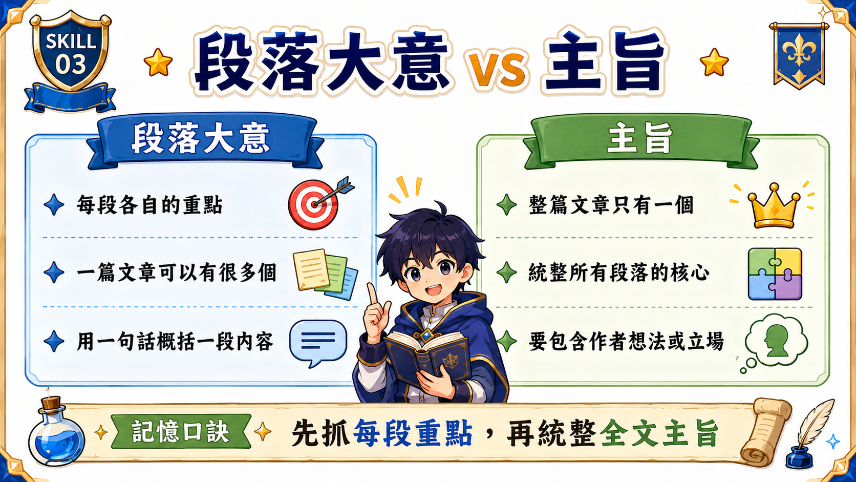 段落大意學習圖，說明段落大意是每段的核心內容，要用一句話概括，不是把整段重新寫一遍。