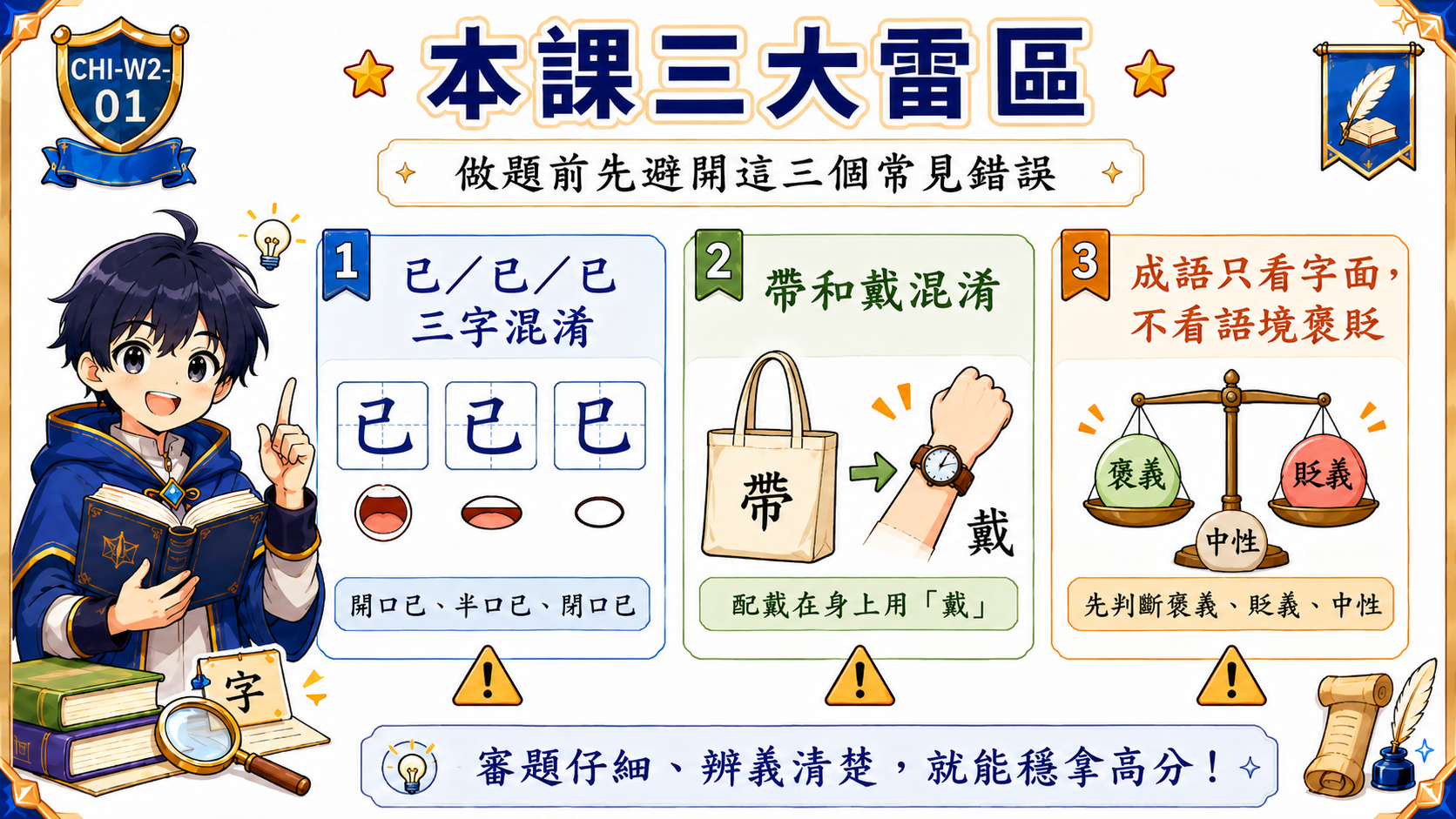 三大常見錯誤警示圖，整理己已巳混淆、帶和戴混淆，以及成語只看字面不看語境褒貶。