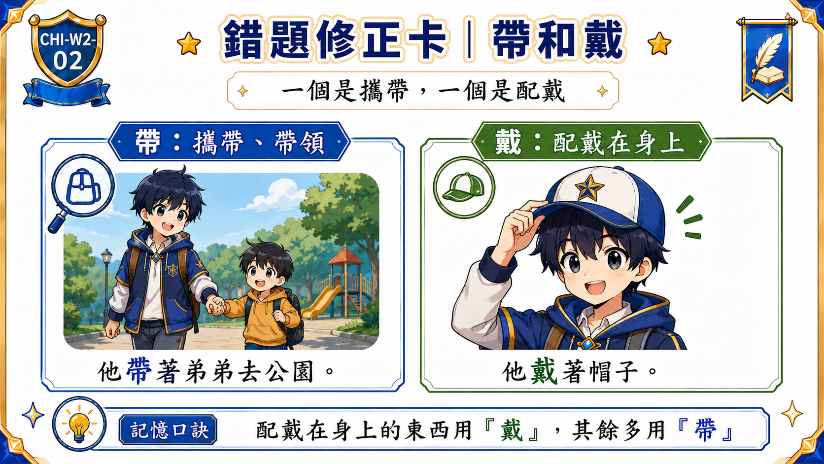 錯題修正卡，說明帶表示攜帶或帶領，戴表示配戴在身上的東西。