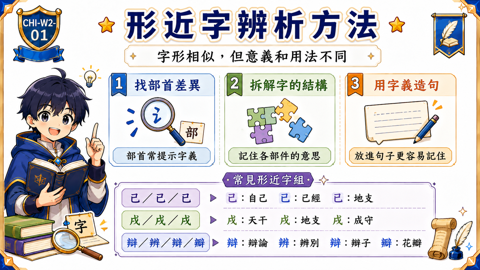 形近字辨析學習海報，整理形近字要從部首、結構和字義造句來分辨。