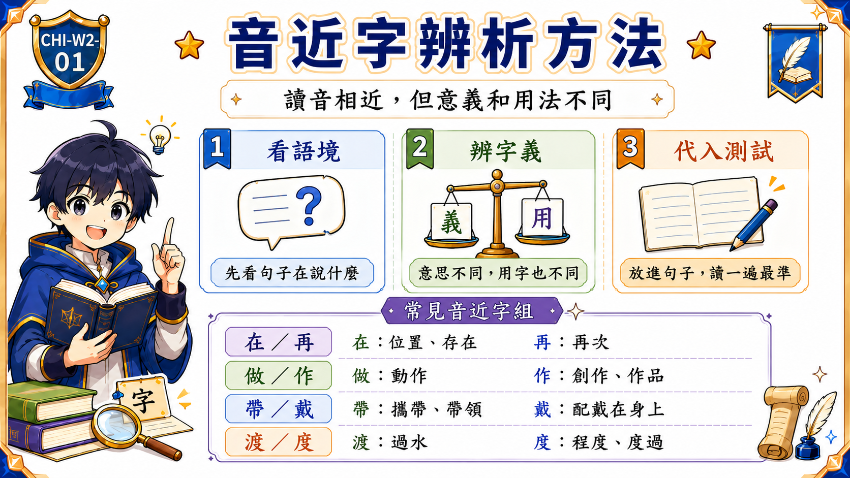 音近字學習指南，整理在再、做作、帶戴、渡度等音近字要靠語境和字義判斷。