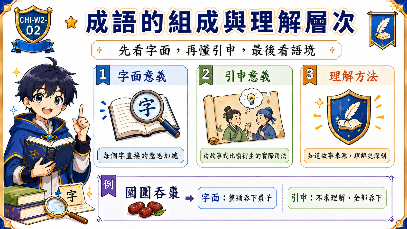 成語學習圖解指南，說明成語要同時理解字面意義、引申意義和背後故事。