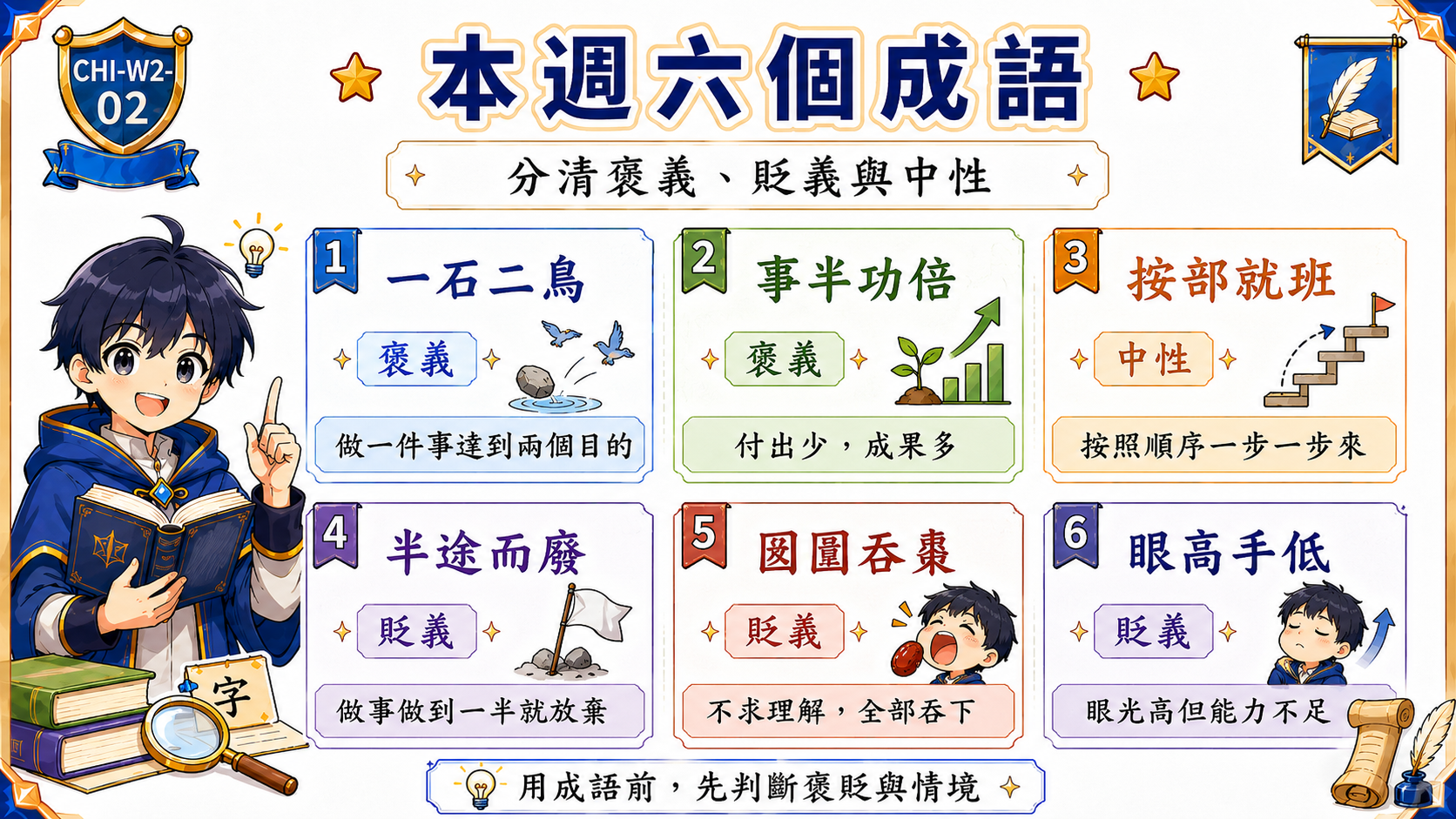 本週六個成語學習圖，整理一石二鳥、事半功倍、按部就班、半途而廢、囫圇吞棗、眼高手低的意義與褒貶屬性。