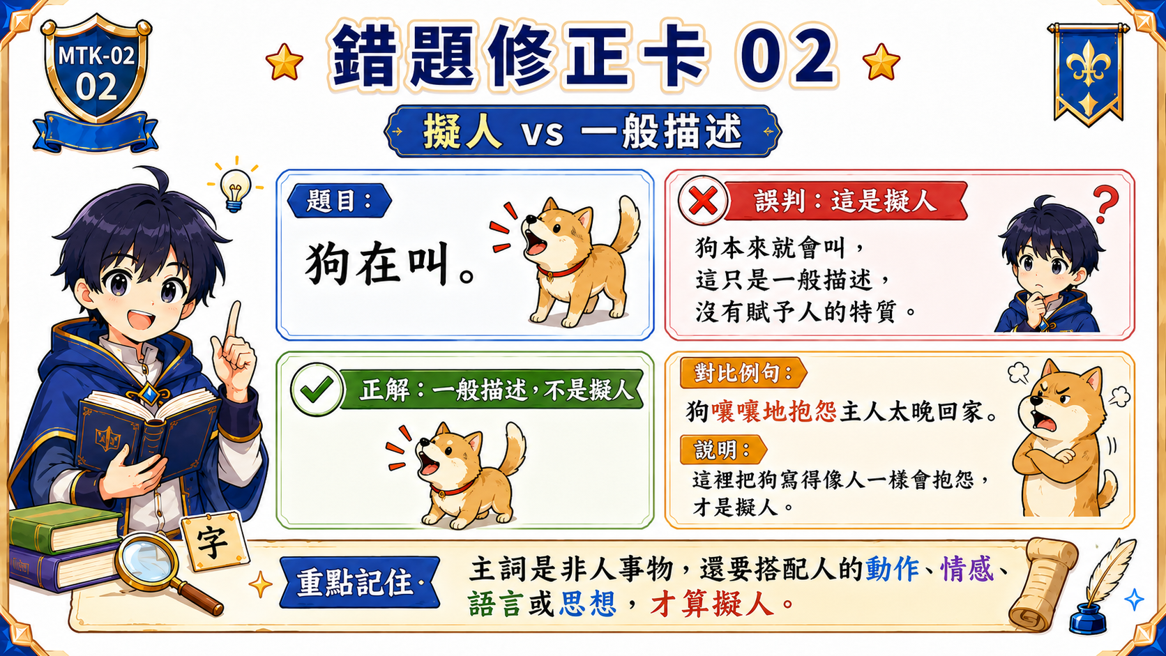擬人與一般描述錯題修正卡，說明狗在叫只是一般描述，狗嚷嚷地抱怨才是擬人。