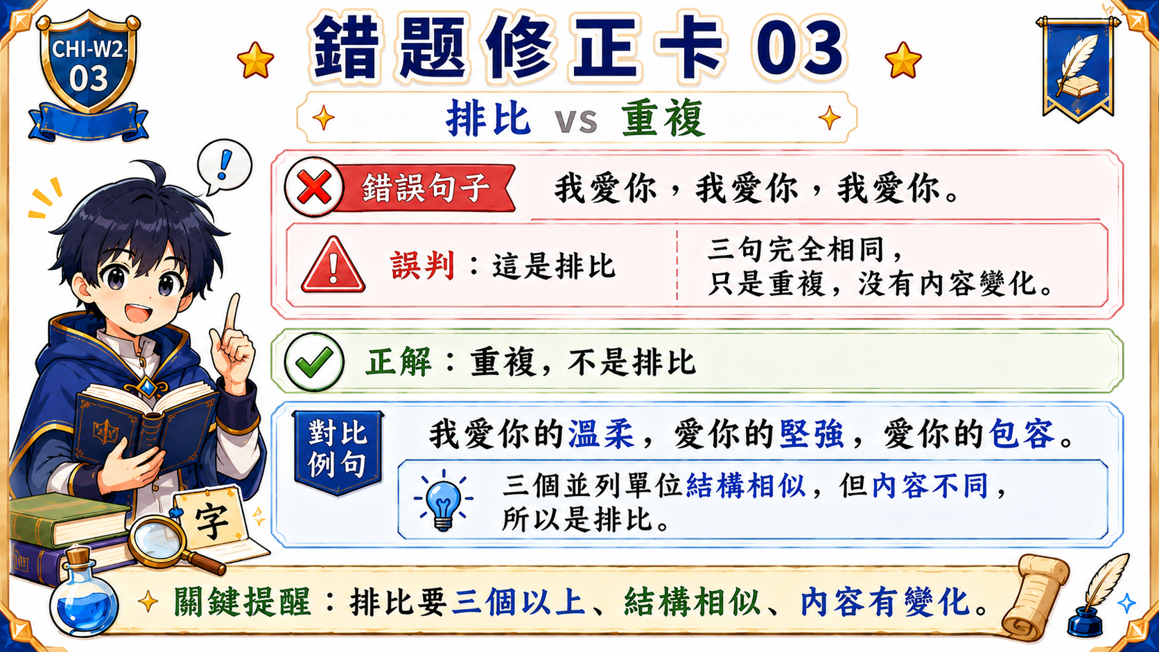排比與重複錯題修正卡，說明我愛你我愛你我愛你只是重複，不是排比；有三個並列且內容不同才是排比。