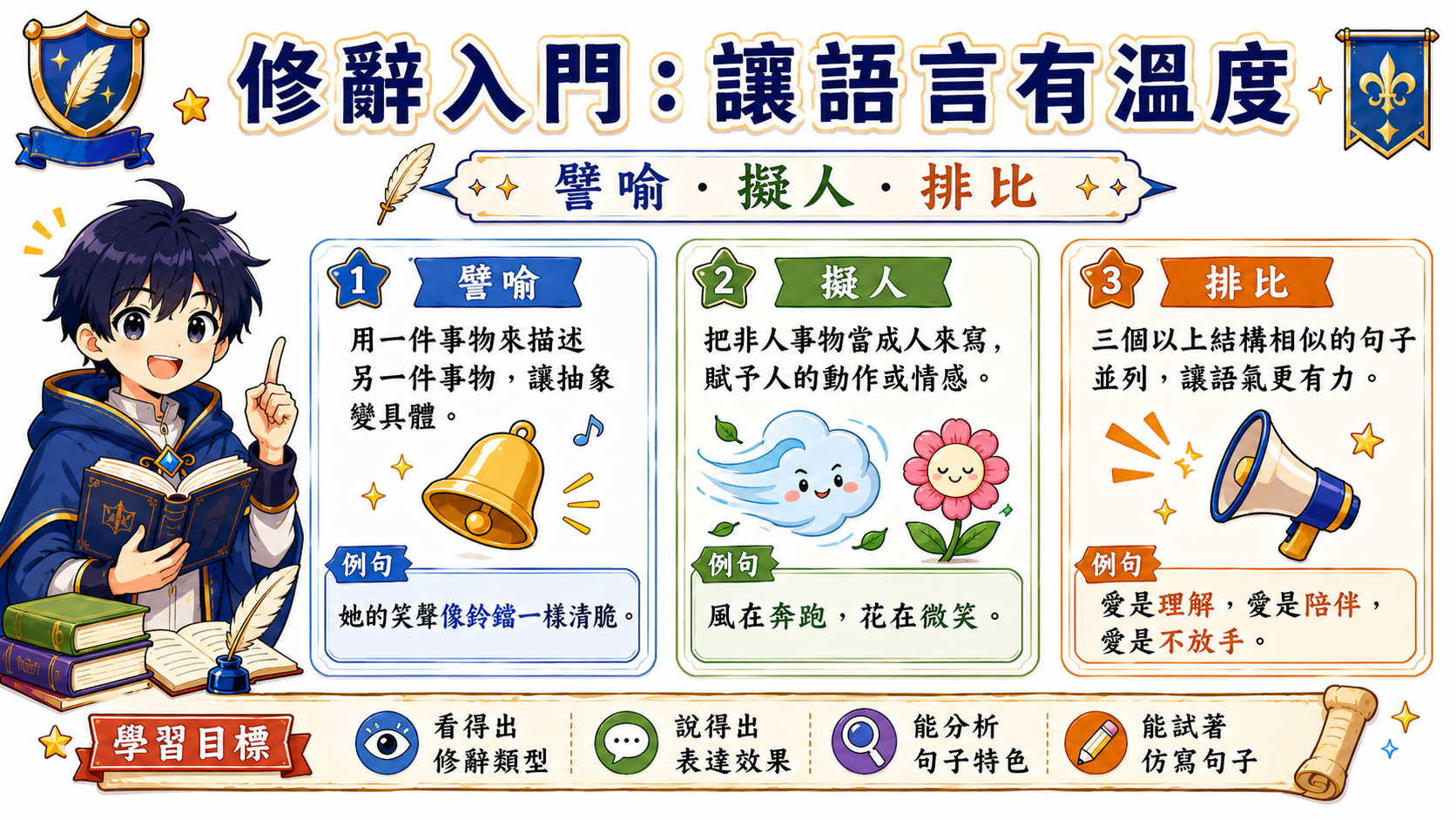 修辭入門漫畫風學習海報，整理譬喻、擬人、排比三種修辭的基本概念與學習目標。
