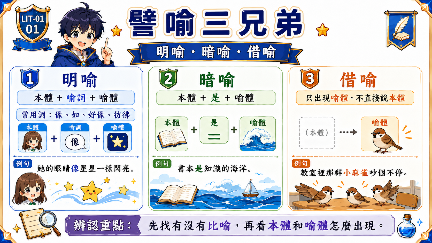 譬喻三兄弟學習指南，整理明喻、暗喻、借喻的結構、常用詞與例句。