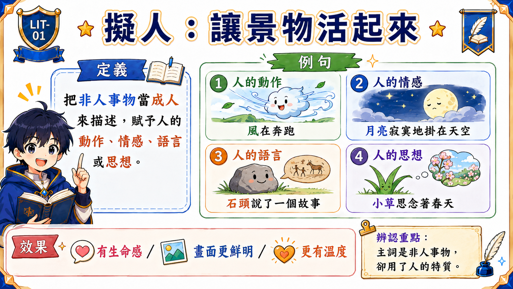 擬人化學習圖，說明把風、月亮、石頭、小草等非人事物賦予人的動作、情感、語言或思想。