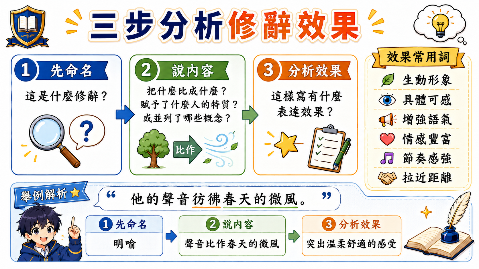 三步分析修辭效果海報，整理先命名修辭、再說內容、最後分析效果的答題流程。