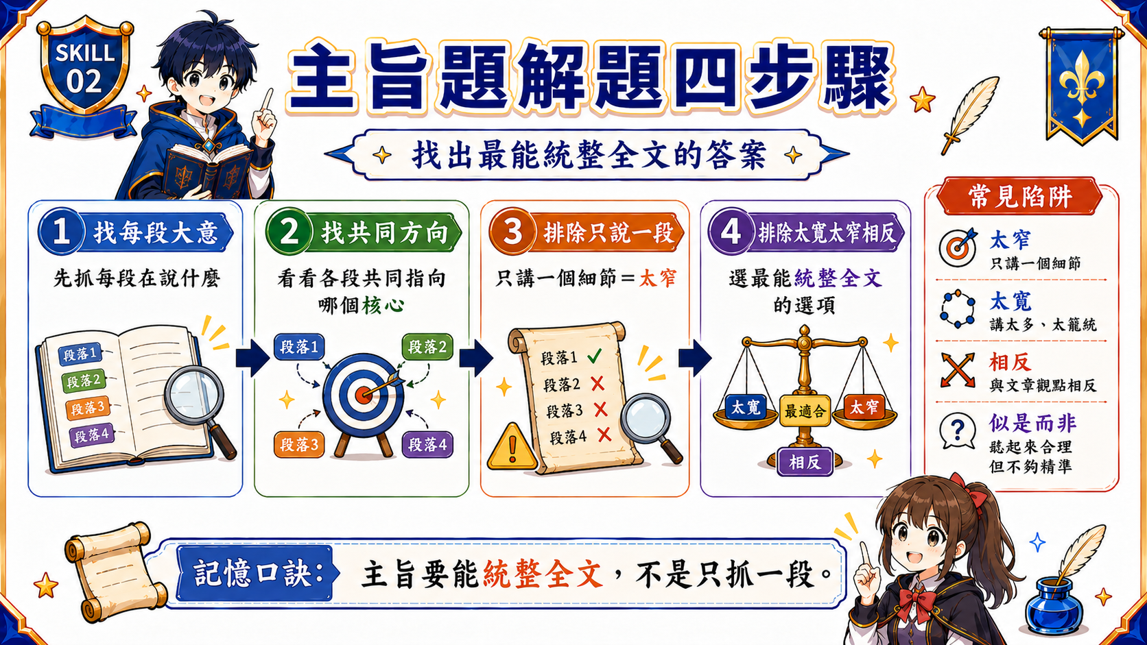 主旨題解題步驟圖，說明找段意、抓共同方向、排除太窄太寬選項的流程。