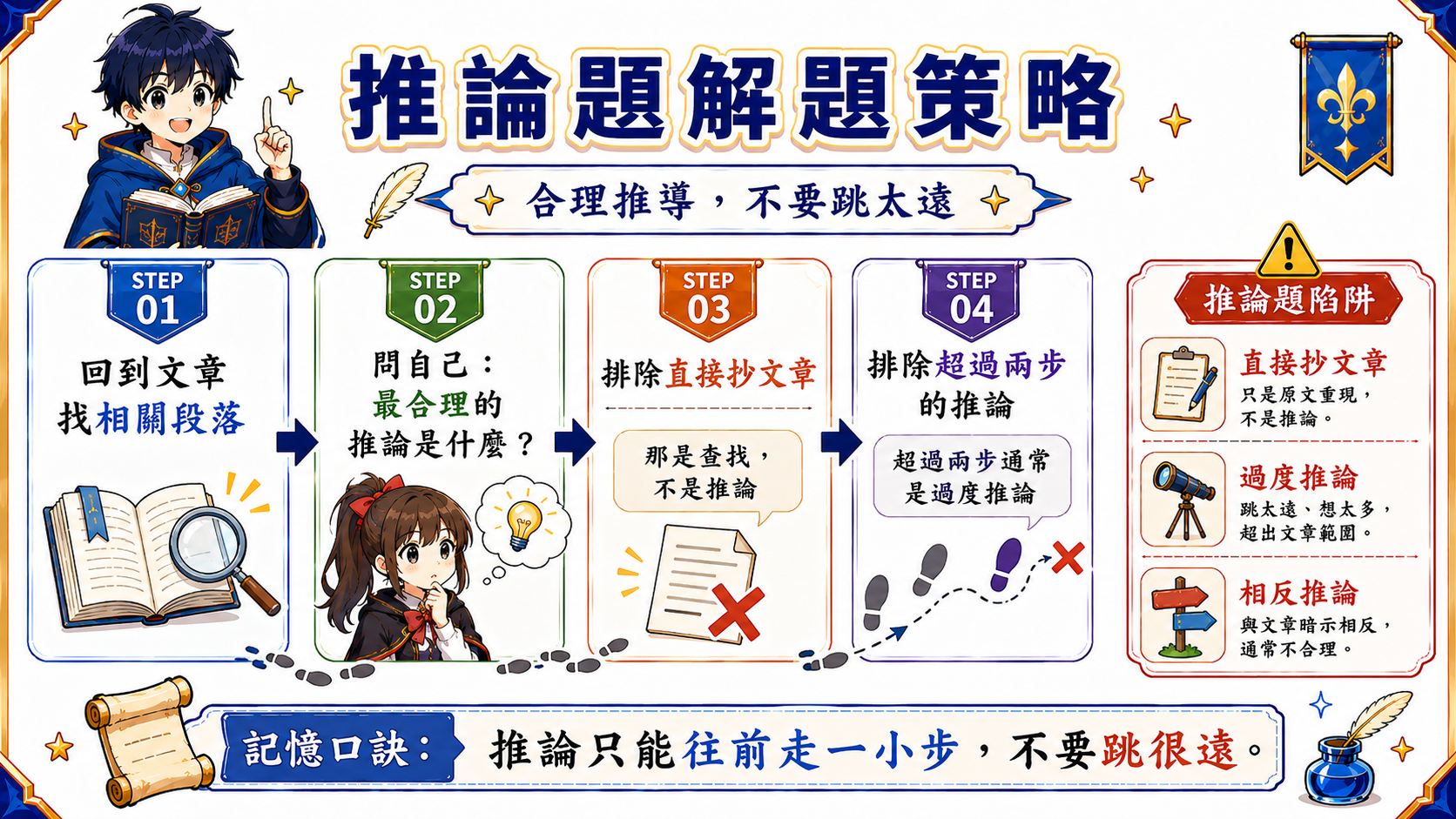 推論題解題策略圖，整理回到段落、做合理延伸、排除直接照抄與過度推論的方法。