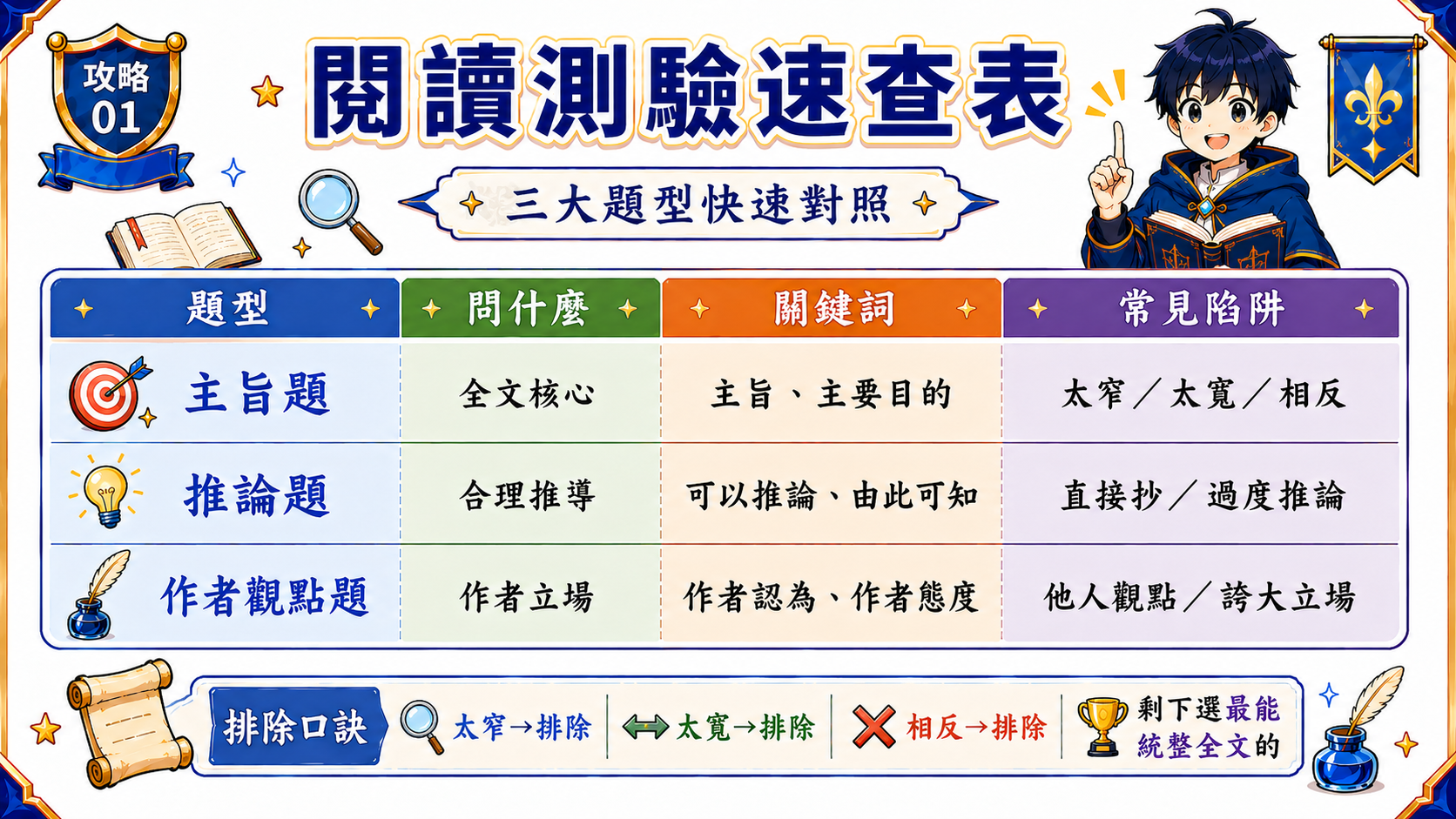 閱讀測驗速查表圖片，整理三大題型的問法、關鍵詞、陷阱與作者態度語言標誌。