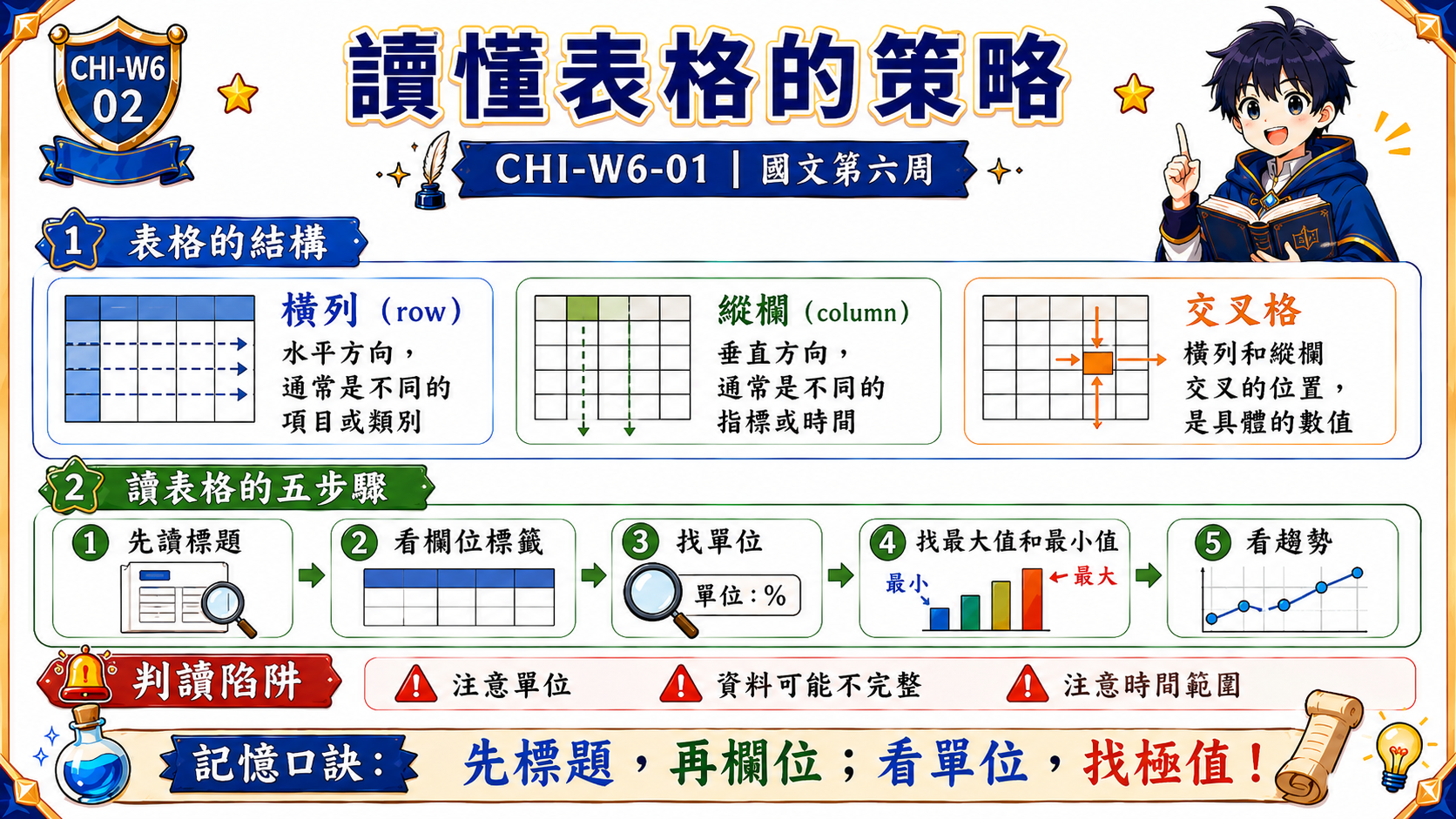 讀懂表格的策略圖，整理橫列、縱欄、交叉格，以及讀表格五步驟與常見判讀陷阱。