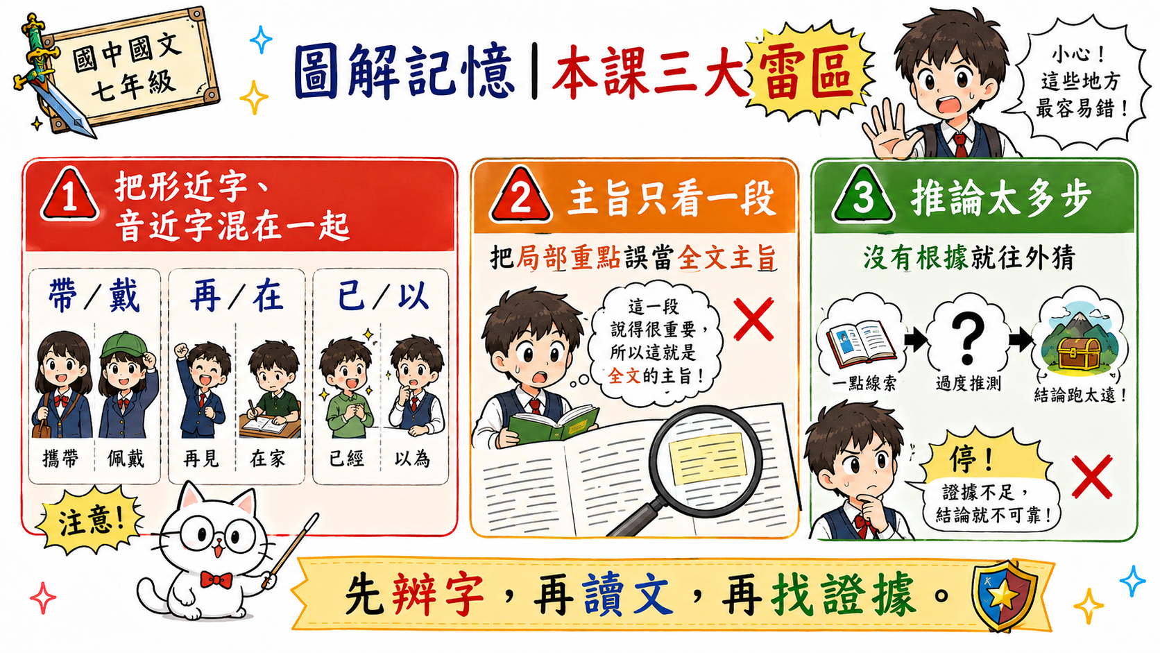 本課三大學習雷區圖解，整理音近字用錯、推論過度與誤判作者觀點。