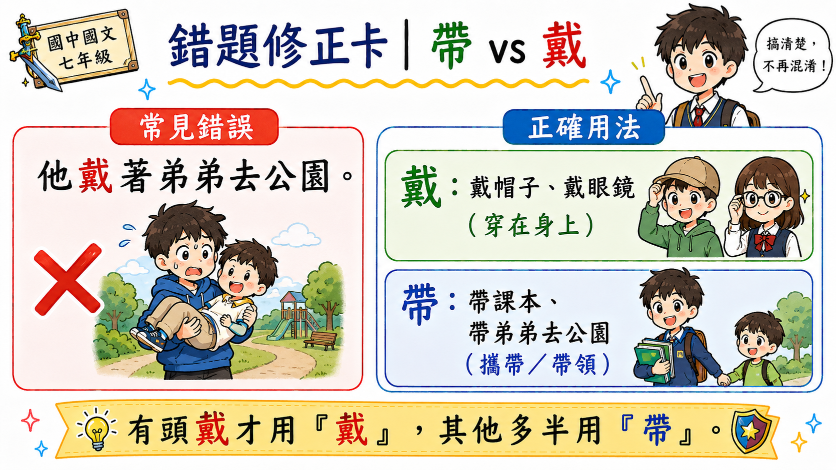 帶與戴錯題修正卡，說明戴表示穿戴在身上，帶表示攜帶、帶領或帶來。
