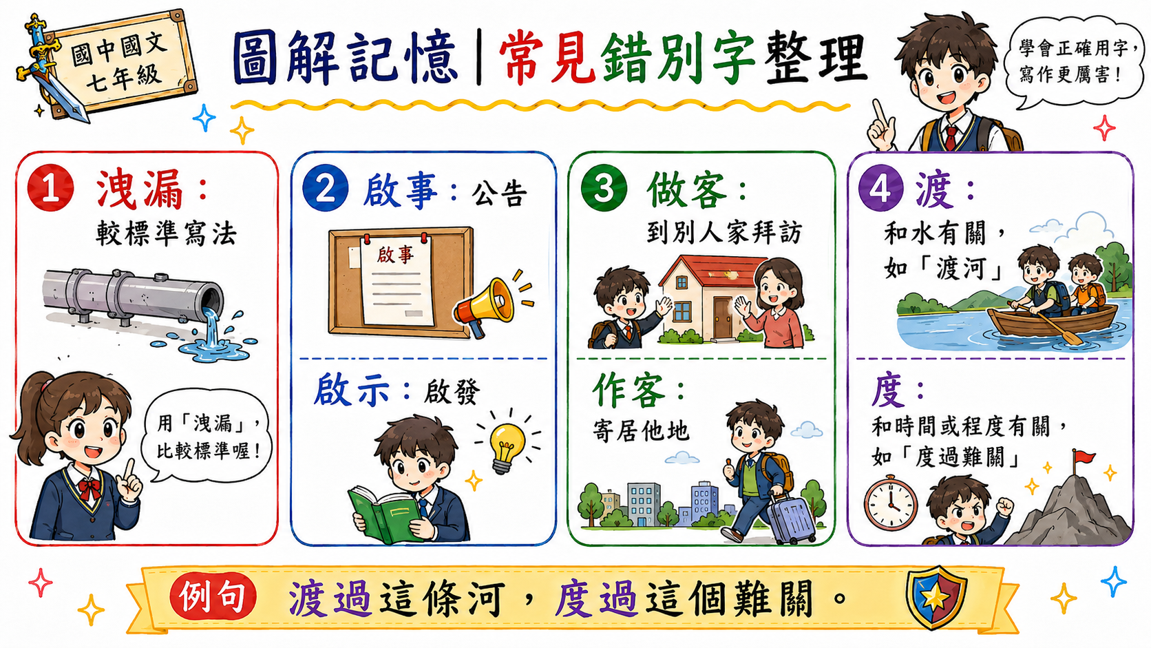 音近字辨析圖解，說明讀音相近的字需依字義與語境選用。