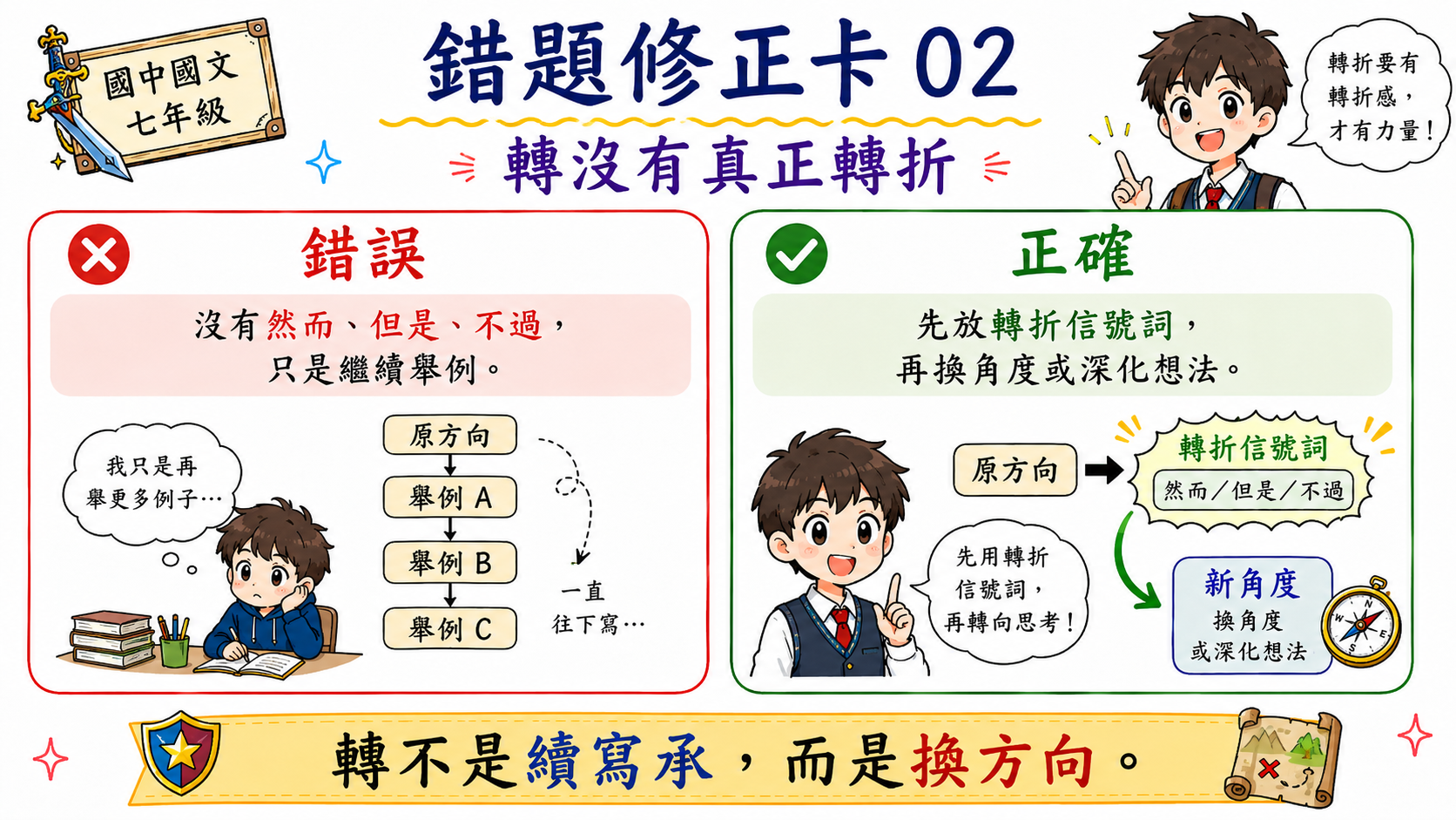 錯題修正卡轉折信號詞，說明轉要有信號詞並換角度或深化。