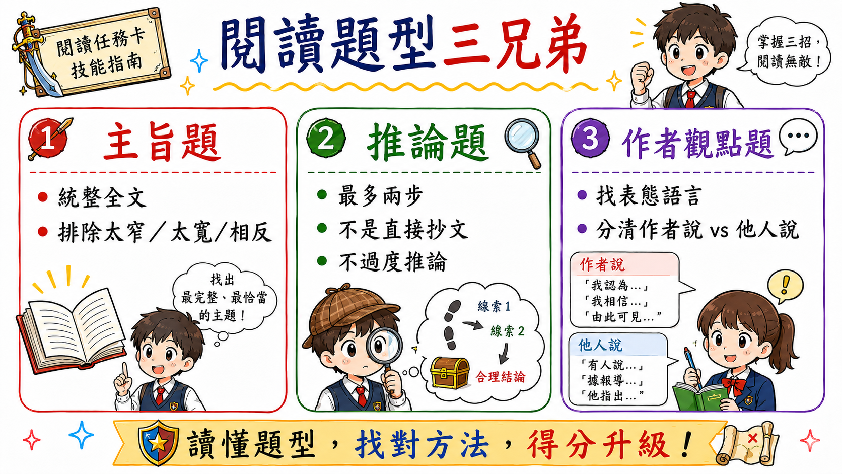 閱讀題型三兄弟指南，整理主旨題、推論題與作者觀點題的判斷方法。