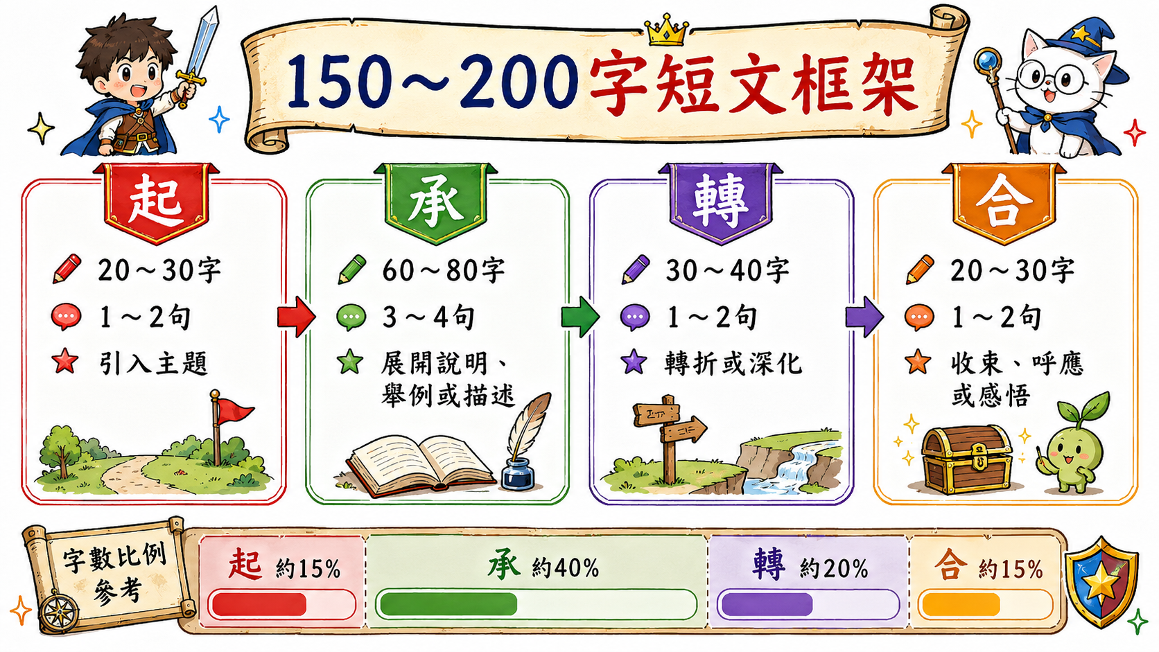 150到200字短文結構指南，整理短文起承轉合比例與段落功能。