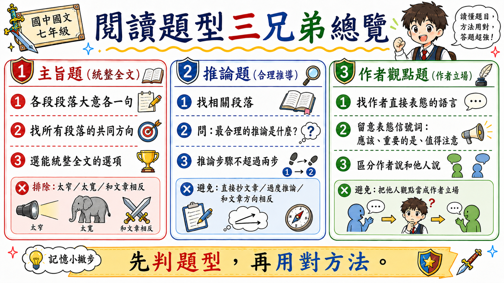 國中國文閱讀題型總覽，整理主旨題、推論題與作者觀點題的判題和作答方法。