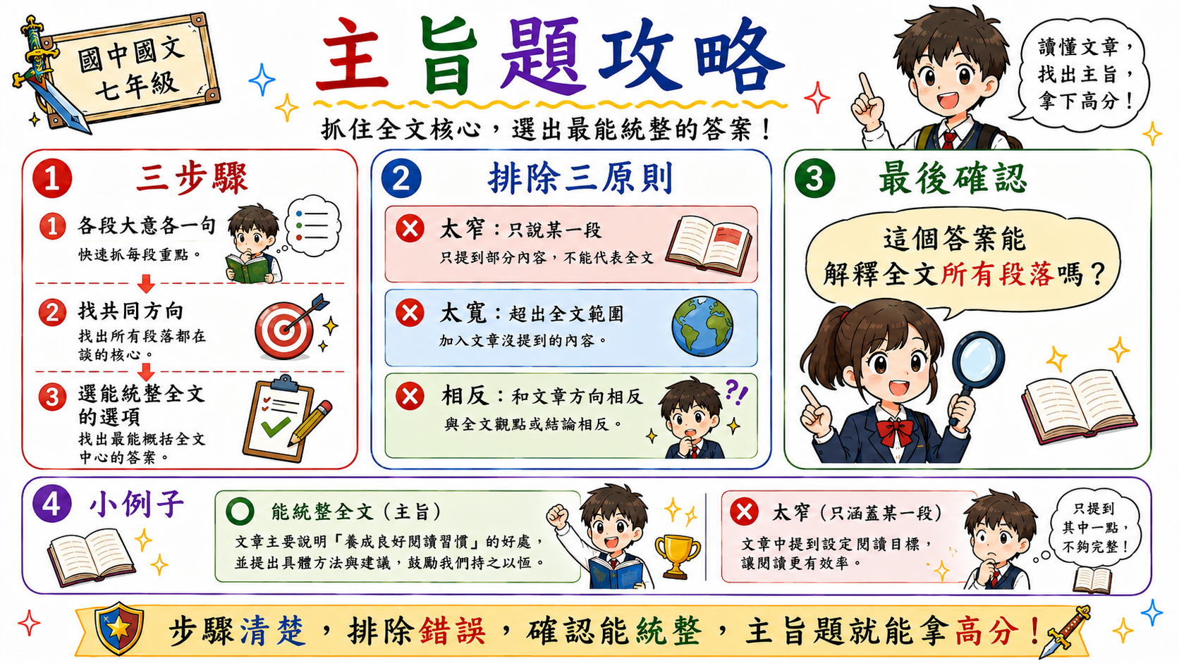 主旨題攻略學習指南，說明主旨題要統整全文並排除太窄、太寬和相反選項。