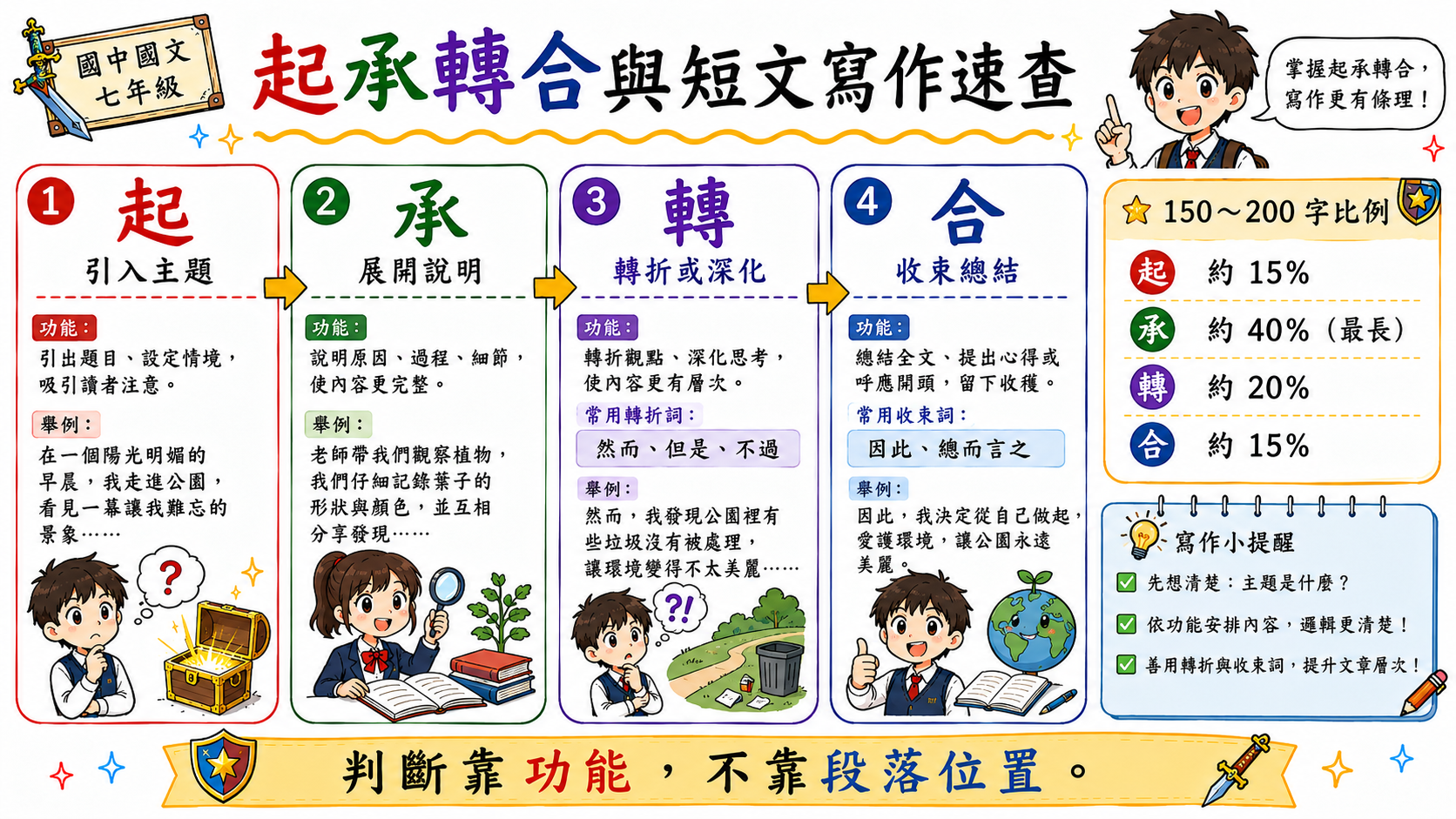 中文寫作結構速查表，整理起承轉合功能與短文寫作結構安排。