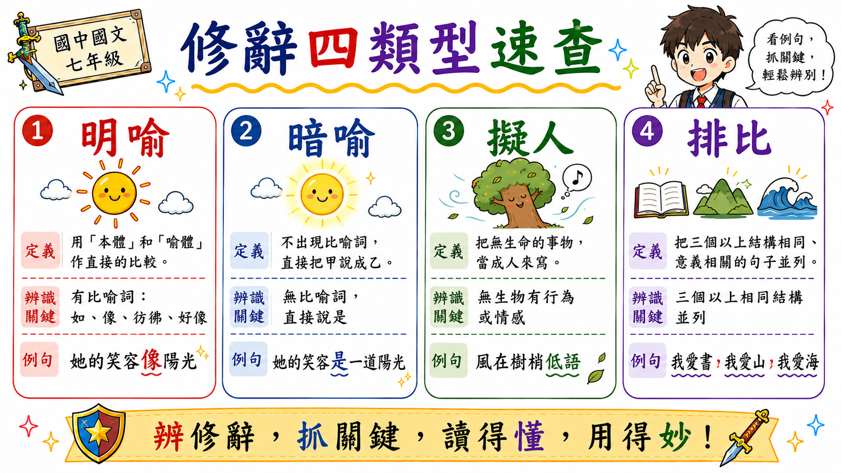 修辭四類型速查海報，整理明喻、暗喻、擬人、排比的關鍵特徵。