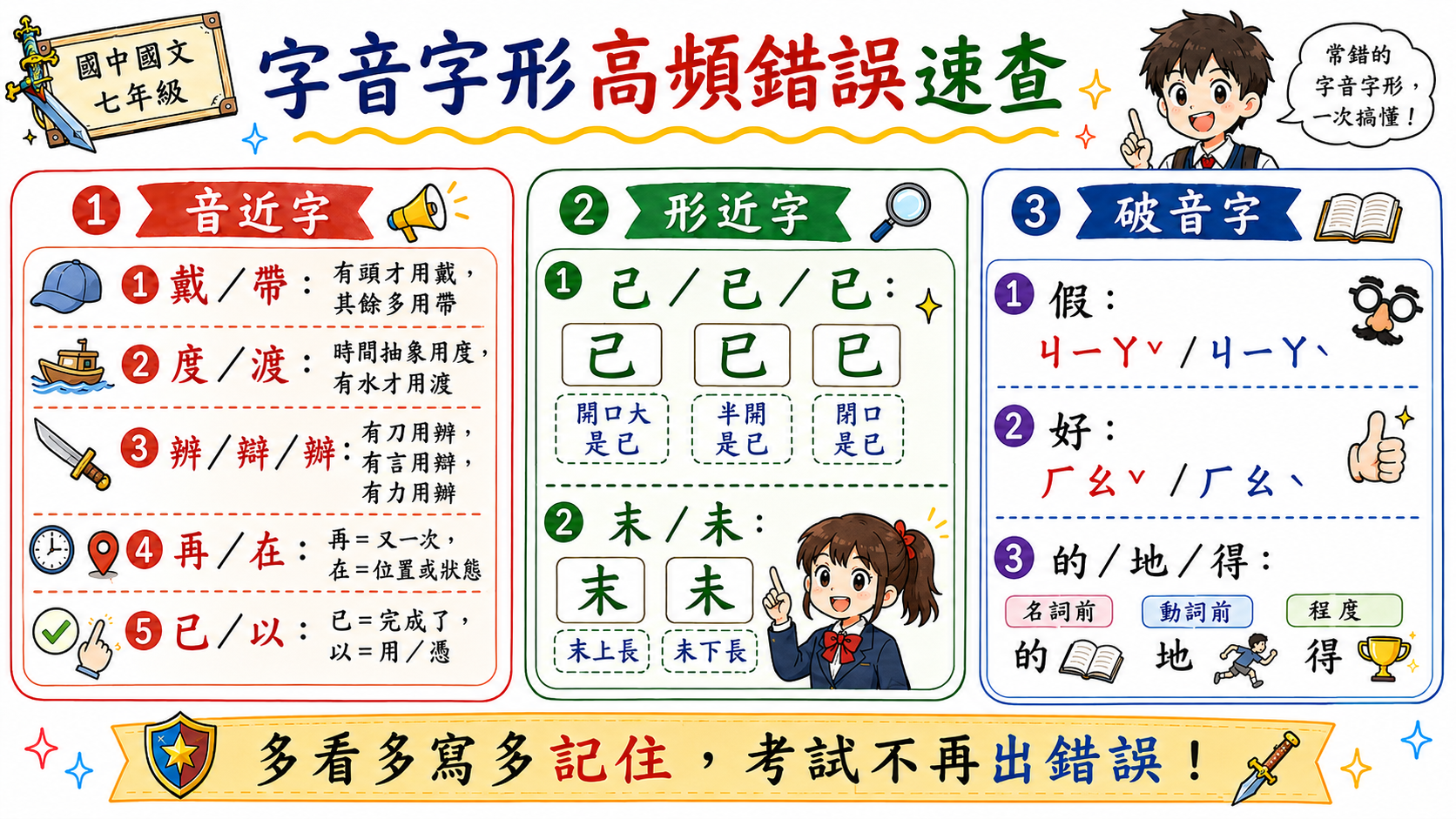 字音字形學習速查圖，整理音近字、形近字和破音字的高頻錯誤。
