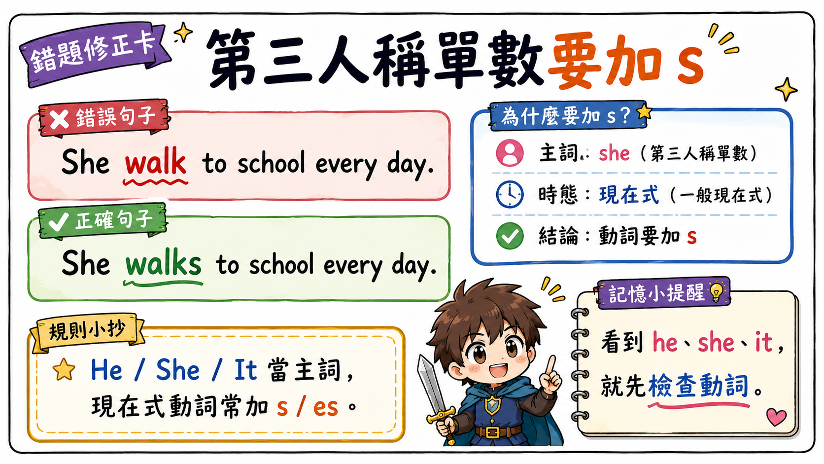 錯題修正卡，說明 She walk to school every day 應改為 She walks to school every day。